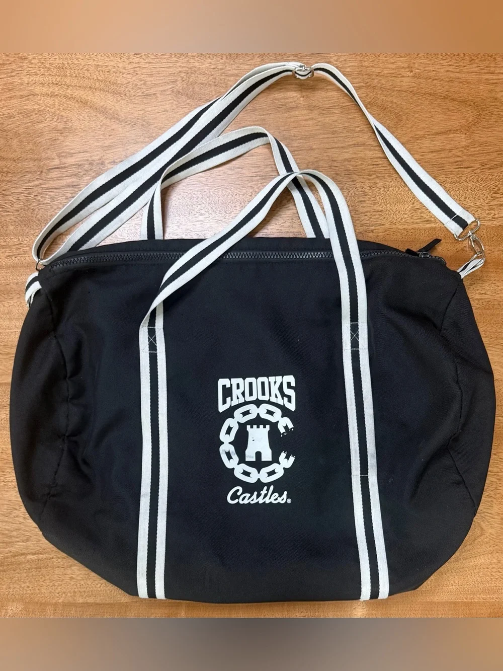 Crooks & Castles Black Canvas Duffel with White Striped Handles